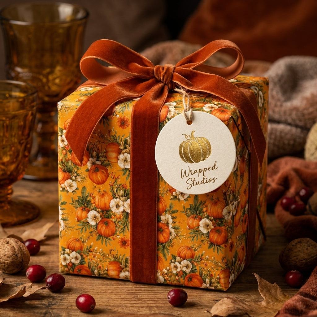 Luxury autumn pumpkin wrapping paper with a rust velvet bow and a Wrapped Studios tag on a cozy table.