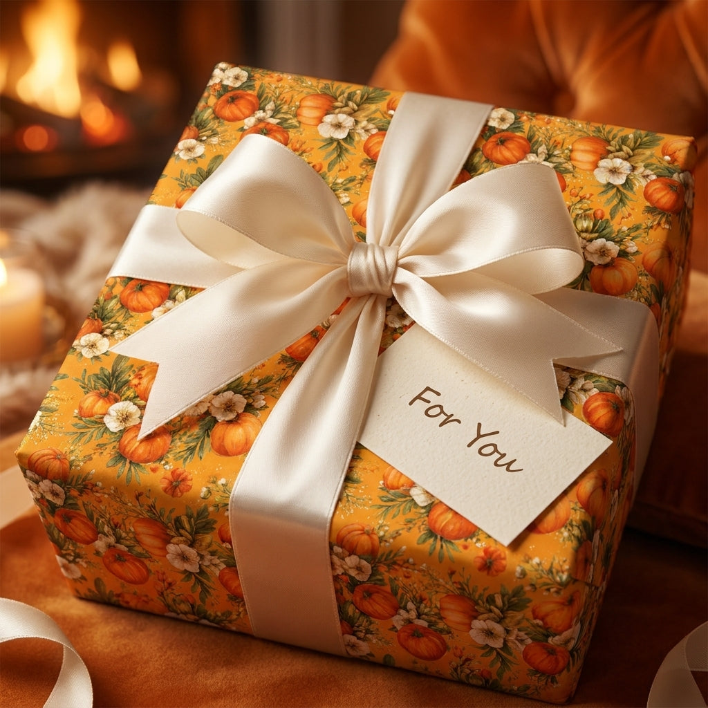 Autumn pumpkin wrapping paper with cream satin bow on Thanksgiving gift box by Wrapped Studios.