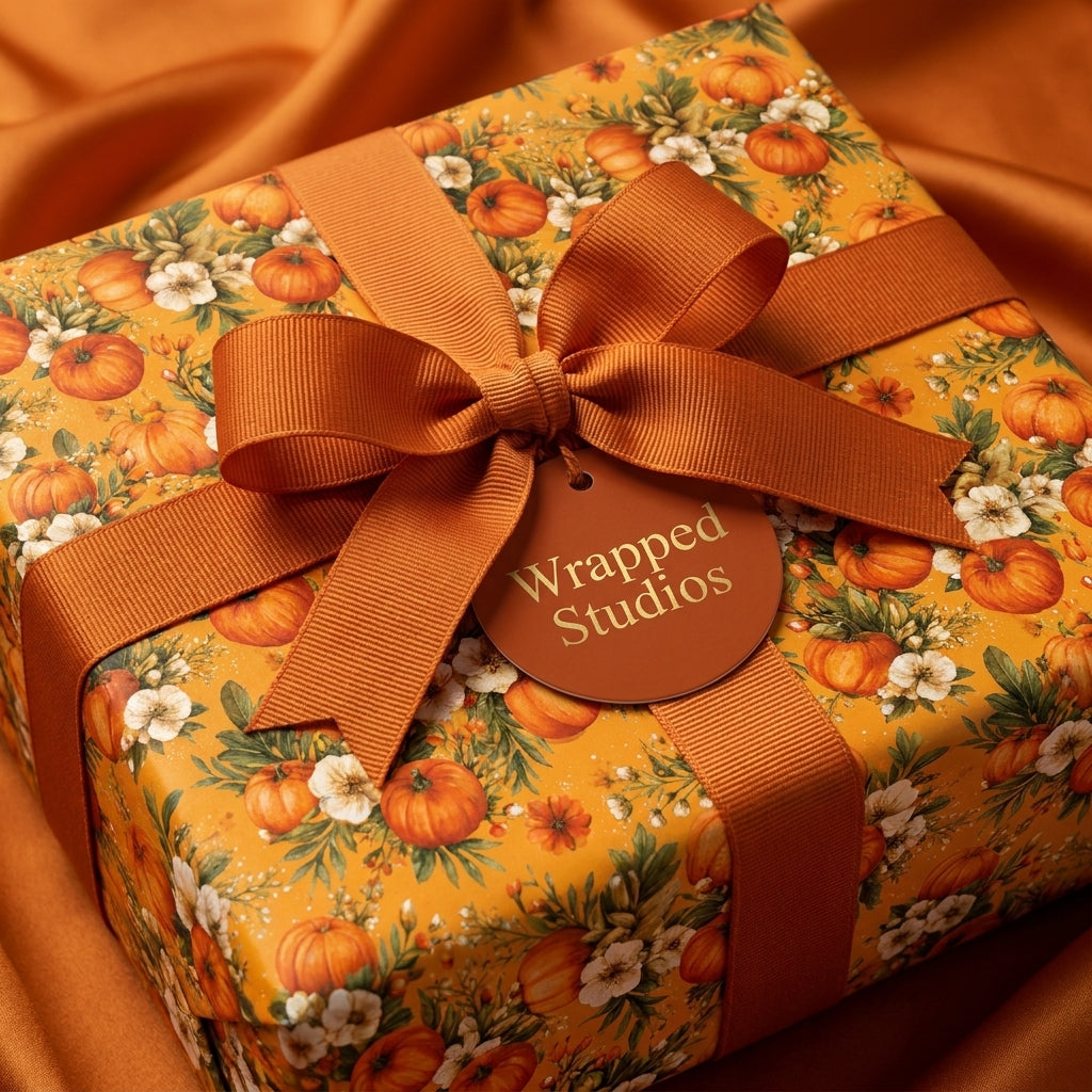 Luxury fall pumpkin wrapping paper with orange ribbon bow and tag by Wrapped Studios.