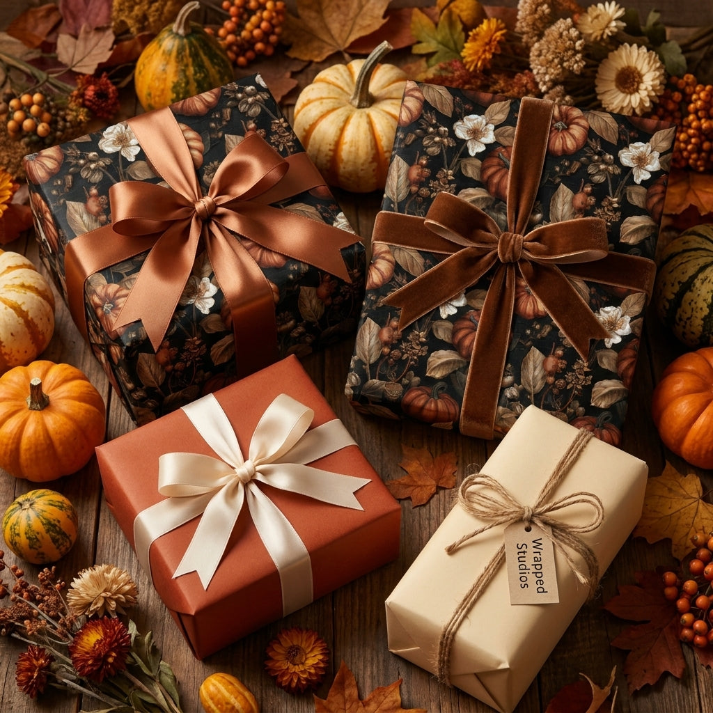 Autumn floral wrapping paper on luxury gifts with velvet ribbons and pumpkins by Wrapped Studios.
