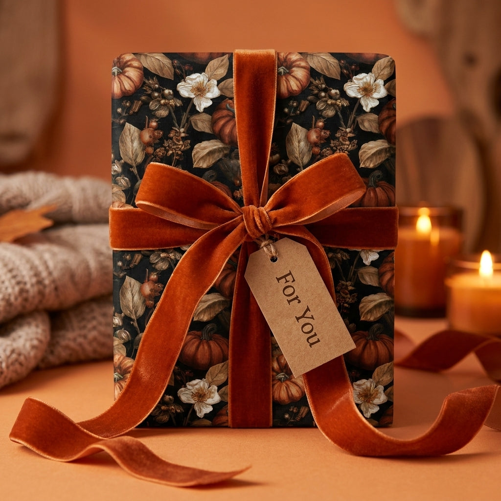Rustic pumpkin fall wrapping paper with a burnt orange velvet ribbon by Wrapped Studios.