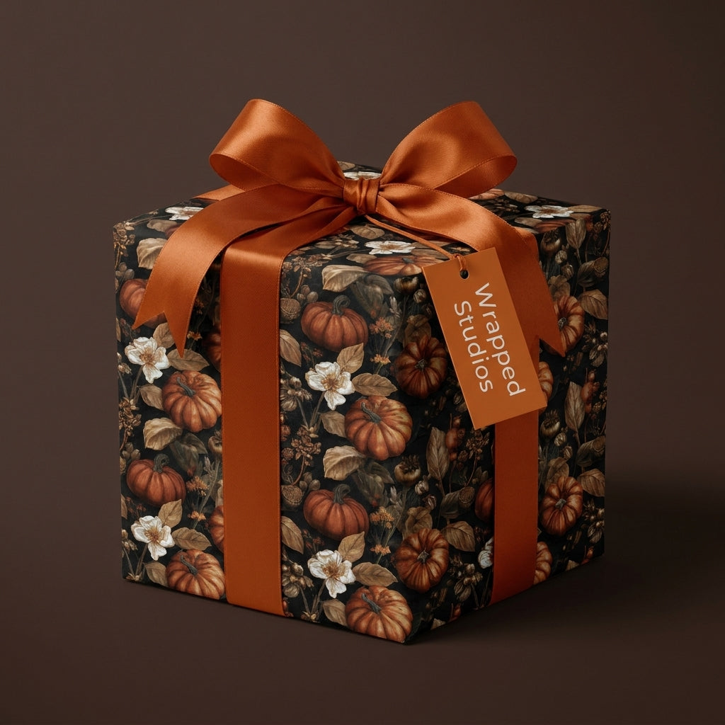 Vintage pumpkin wrapping paper by Wrapped Studios on a gift box with a burnt orange satin bow.