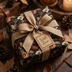 Rustic fall wrapping paper with pumpkins, flowers, and a burlap bow by Wrapped Studios.