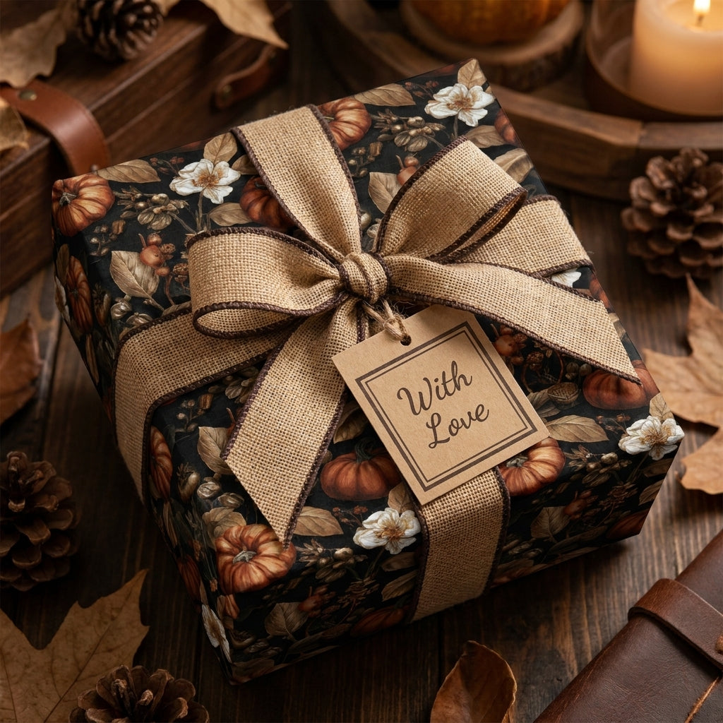 Rustic fall wrapping paper with pumpkins, flowers, and a burlap bow by Wrapped Studios.