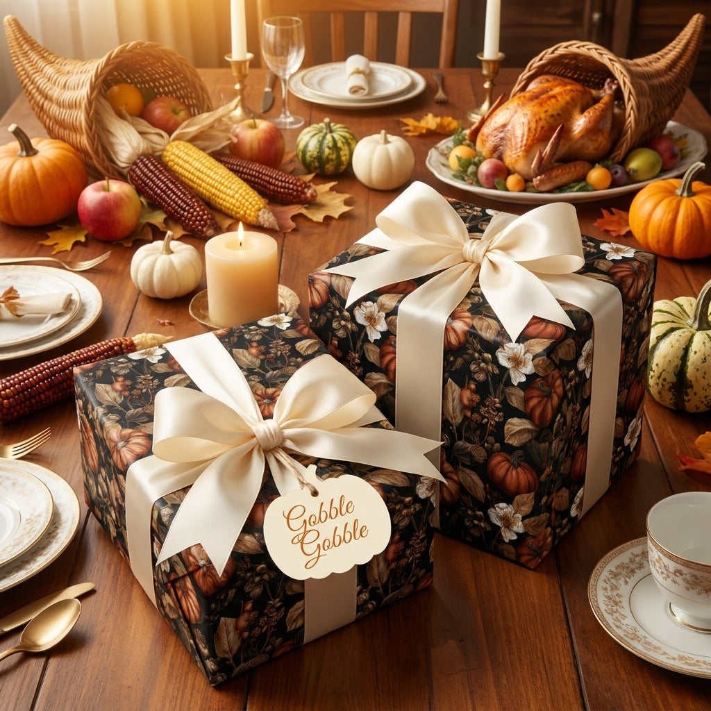 Thanksgiving wrapping paper with vintage pumpkin floral pattern on elegant gift boxes by Wrapped Studios.
