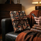 Vintage fall pumpkin wrapping paper with a velvet ribbon on a cozy gift by Wrapped Studios.