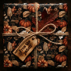 Moody pumpkin wrapping paper with fall leaves, rustic twine, and tag by Wrapped Studios.