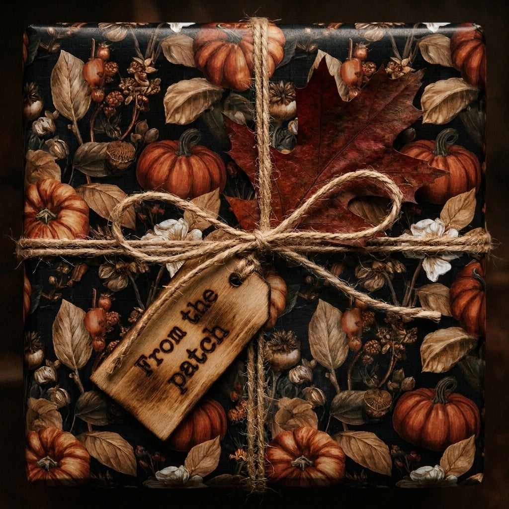 Moody pumpkin wrapping paper with fall leaves, rustic twine, and tag by Wrapped Studios.
