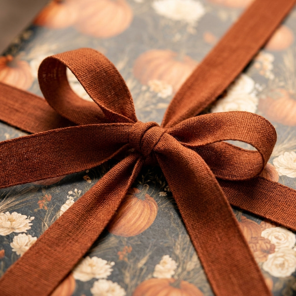 Rustic autumn wrapping paper with pumpkins, cream flowers, and a terracotta linen bow by Wrapped Studios.
