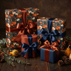 Floral pumpkin wrapping paper in navy and orange on elegant autumn gifts by Wrapped Studios.