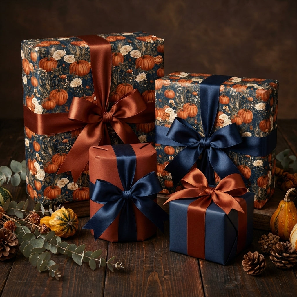 Floral pumpkin wrapping paper in navy and orange on elegant autumn gifts by Wrapped Studios.