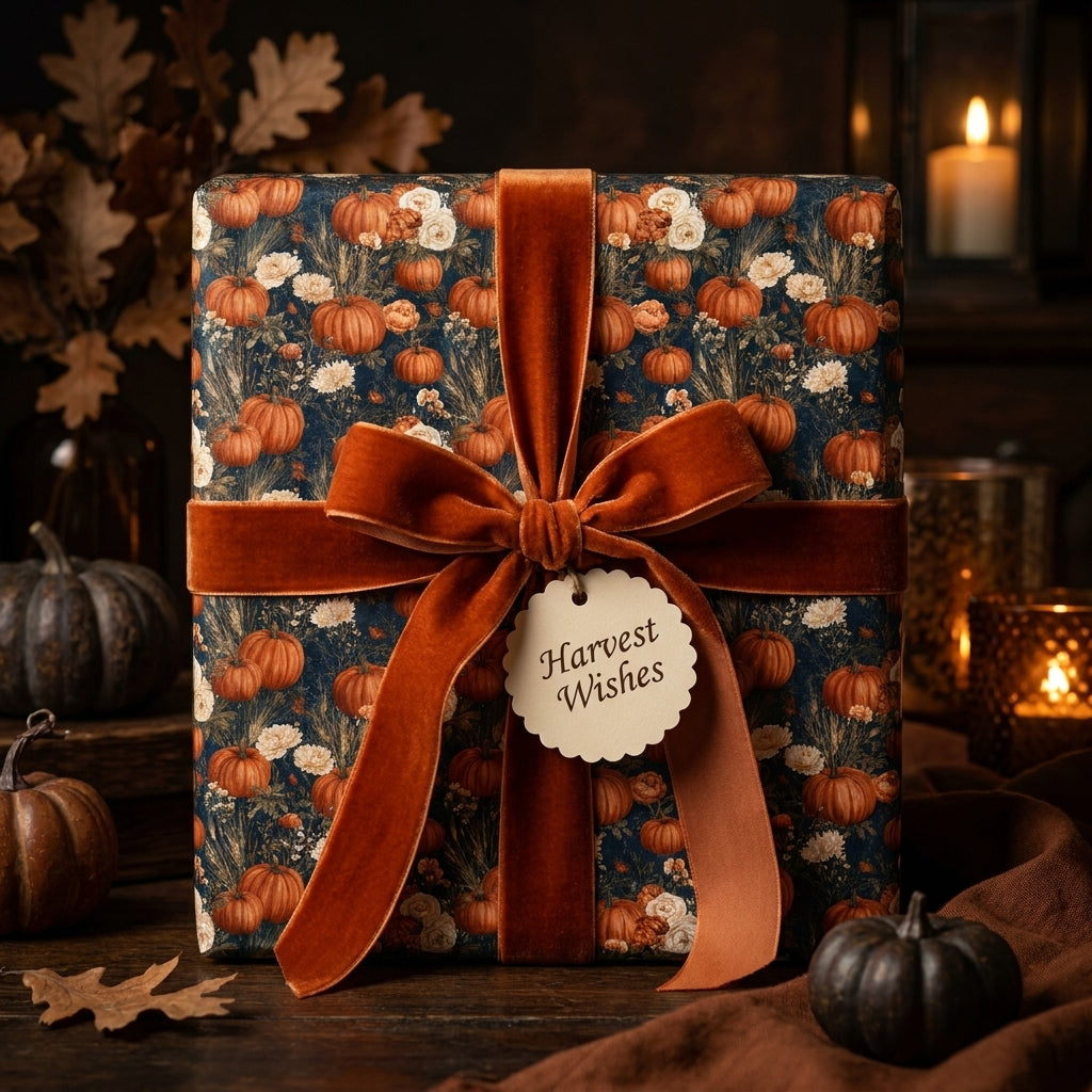 Rustic pumpkin wrapping paper with terracotta velvet ribbon and harvest tag by Wrapped Studios.