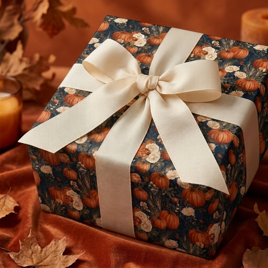 Fall pumpkin wrapping paper with a cream ribbon on a gift box by Wrapped Studios.