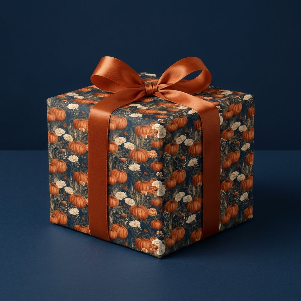 Fall pumpkin wrapping paper with a copper satin bow on a navy blue gift box by Wrapped Studios.