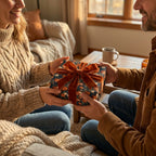 Couple exchanging gift with autumn pumpkin wrapping paper and luxury velvet bow by Wrapped Studios.