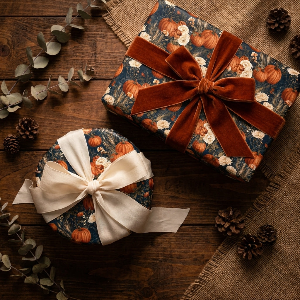 Rustic pumpkin fall wrapping paper with luxury velvet ribbon on autumn gift boxes by Wrapped Studios.