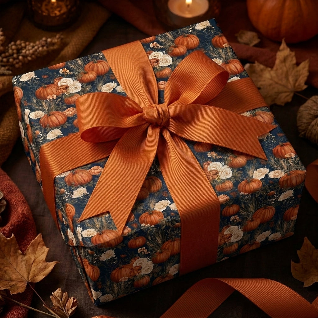 Luxury fall pumpkin wrapping paper with a burnt orange ribbon on a gift box by Wrapped Studios.