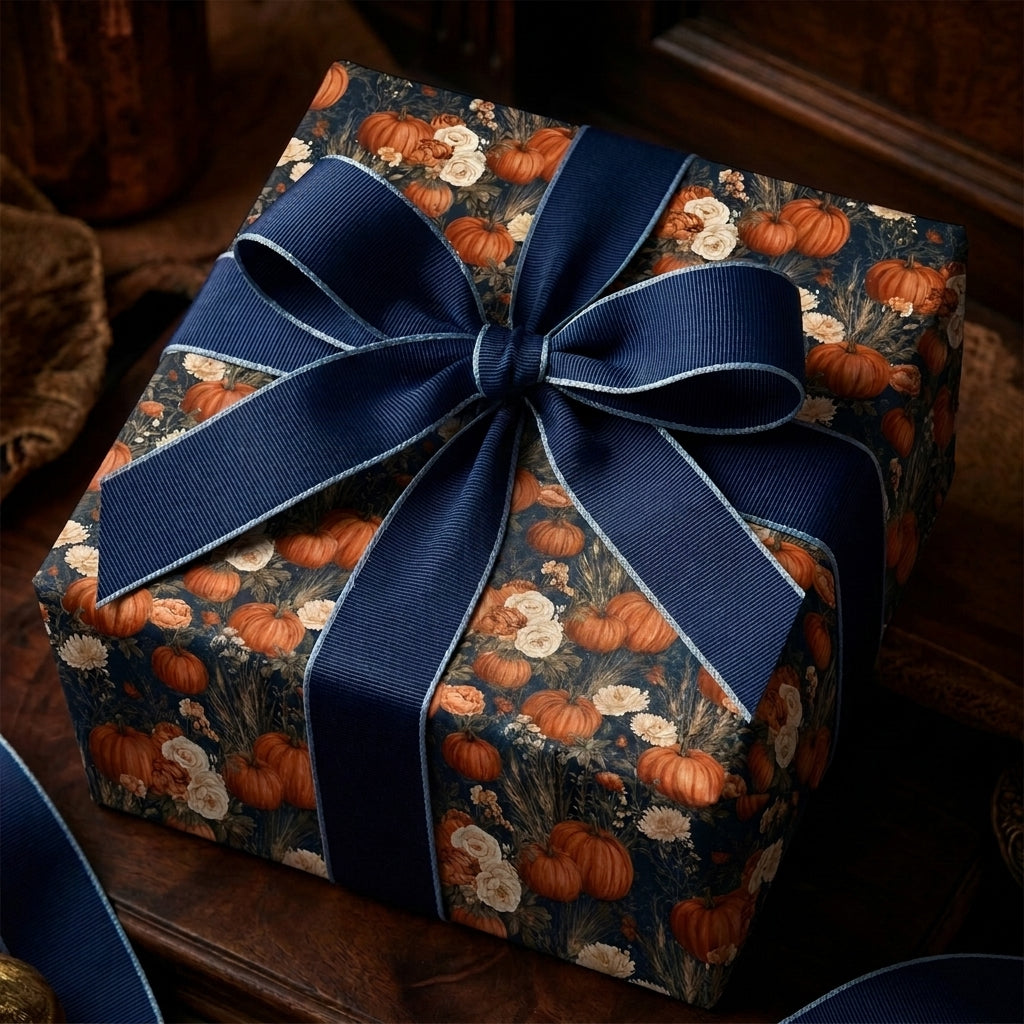 Elegant fall pumpkin and floral wrapping paper with a navy blue ribbon bow by Wrapped Studios.
