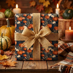 Pumpkin fall wrapping paper with a burlap bow in a rustic autumn setting, by Wrapped Studios.