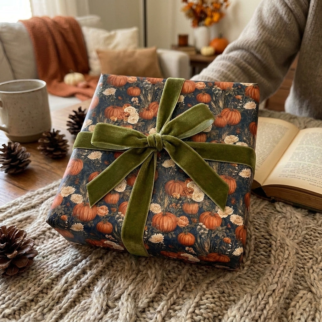 Cozy fall pumpkin wrapping paper with a luxury green velvet bow by Wrapped Studios.