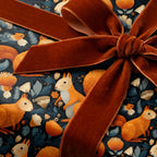 Close-up of gift wrapped in dark floral wrapping paper with squirrels and orange velvet ribbon.