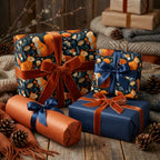 Gifts wrapped in festive paper with ribbons on a wooden surface. Autumn squirrel themed wrapping paper.