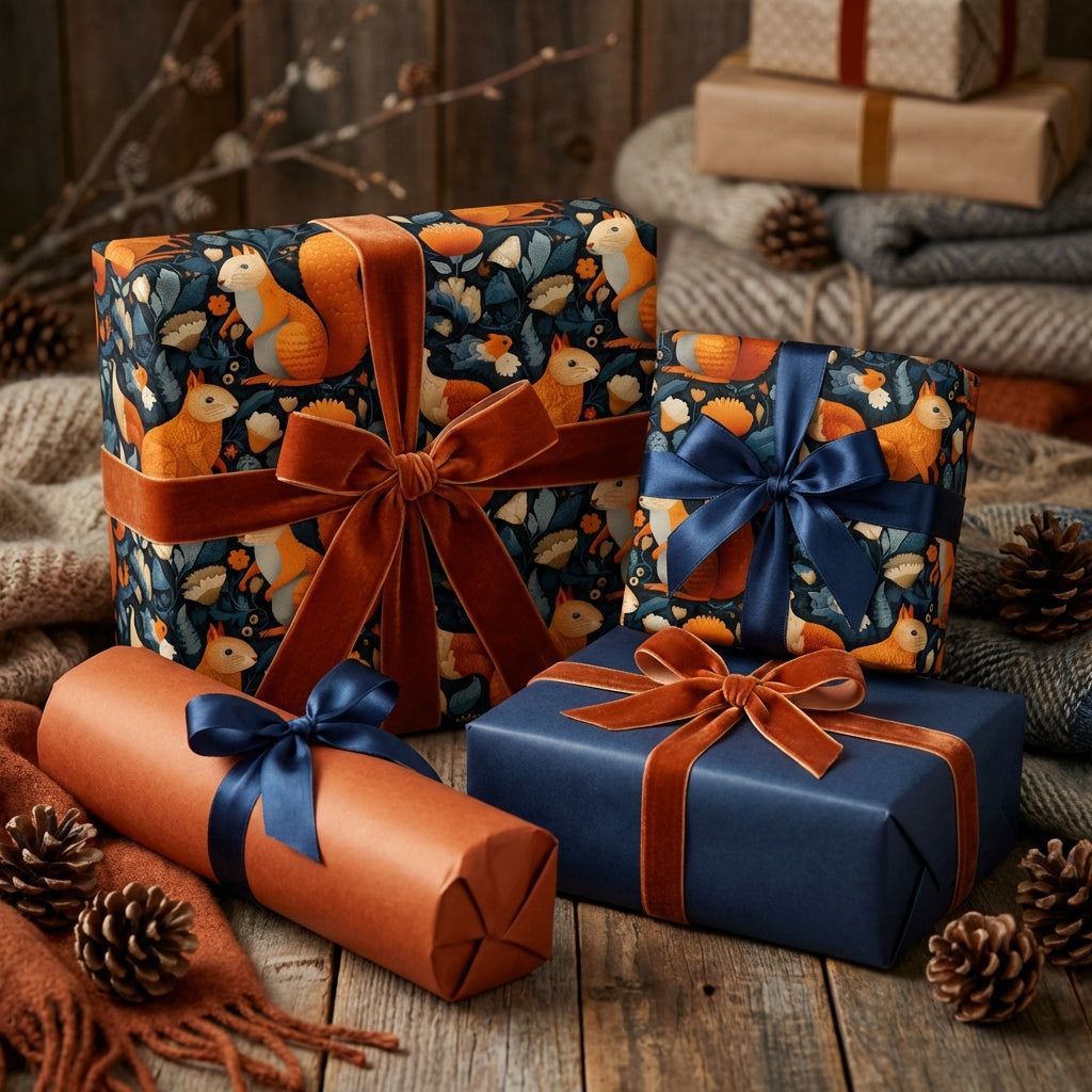 Gifts wrapped in festive paper with ribbons on a wooden surface. Autumn squirrel themed wrapping paper.