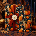 Elegant autumn gift wrap featuring a squirrel and floral pattern, velvet ribbon, and a "Nuts & All" tag.
