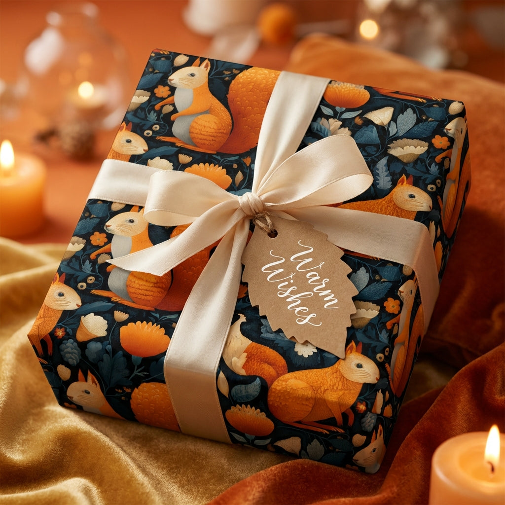 Elegant gift wrapped in squirrel and floral wrapping paper with cream ribbon and "Warm Wishes" tag.