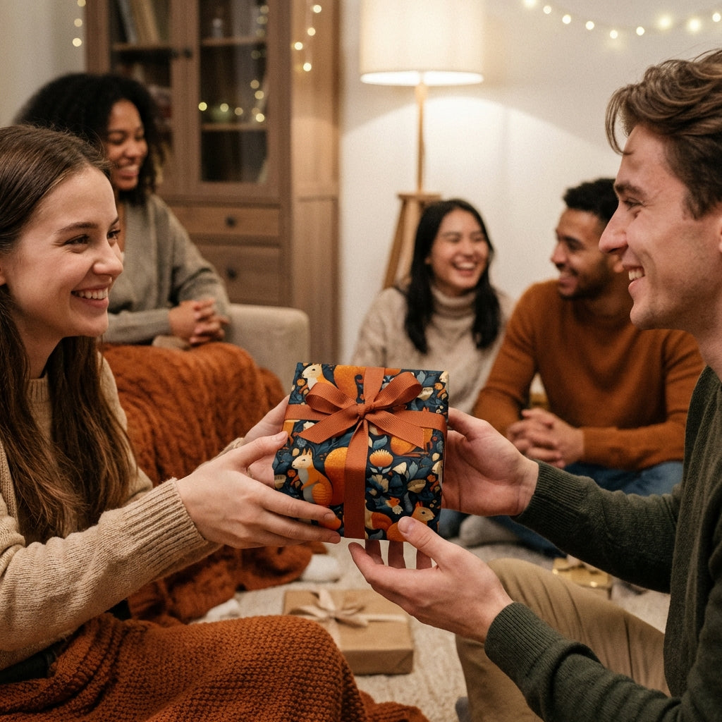Group exchanging gifts wrapped in navy floral wrapping paper with a copper-colored ribbon in a cozy home.