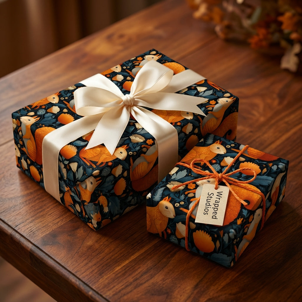 Gifts wrapped in fall-themed wrapping paper with squirrels and leaves, tied with ribbons.
