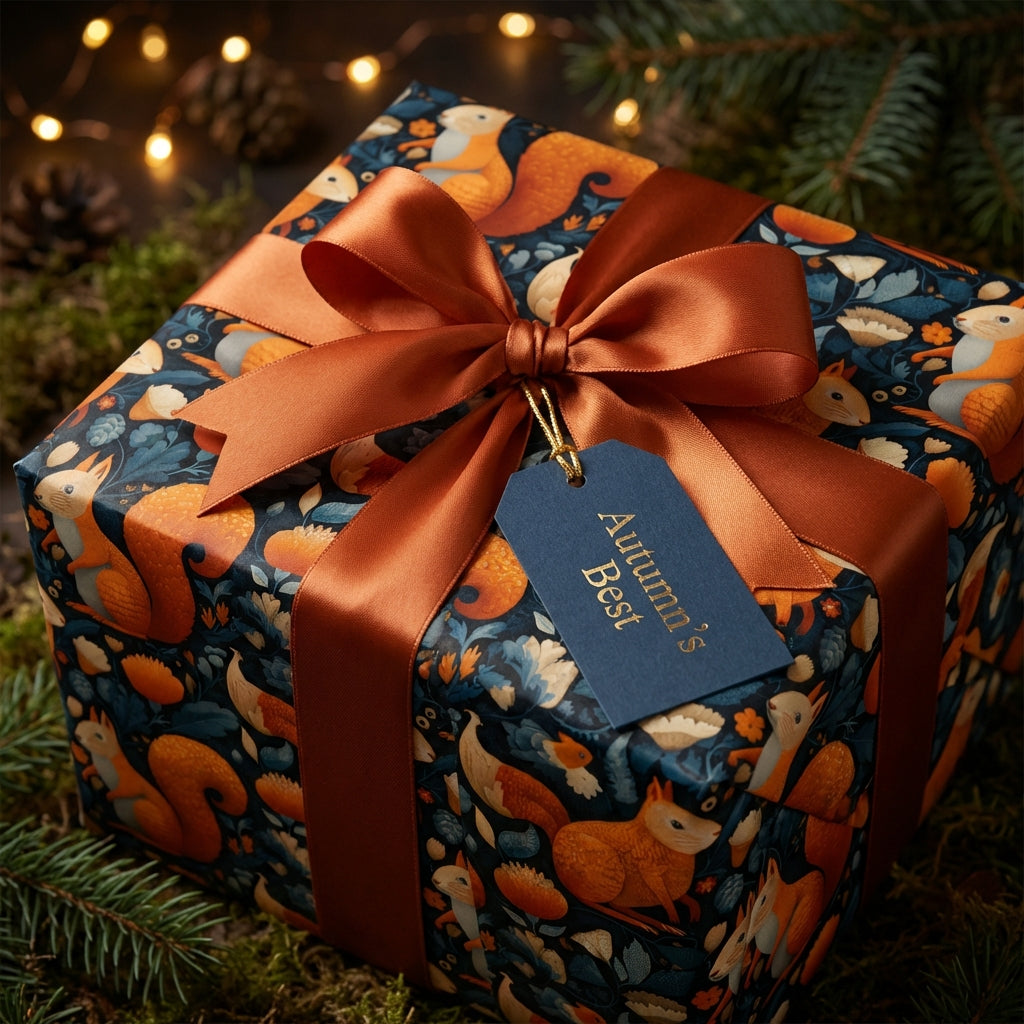 Gift box with autumn-themed pattern and 'Autumn's Best' tag, surrounded by festive lights and greenery.
