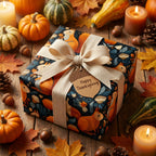 Thanksgiving gift wrapped in autumn-themed wrapping paper featuring squirrels and leaves, tied with a cream-colored ribbon.