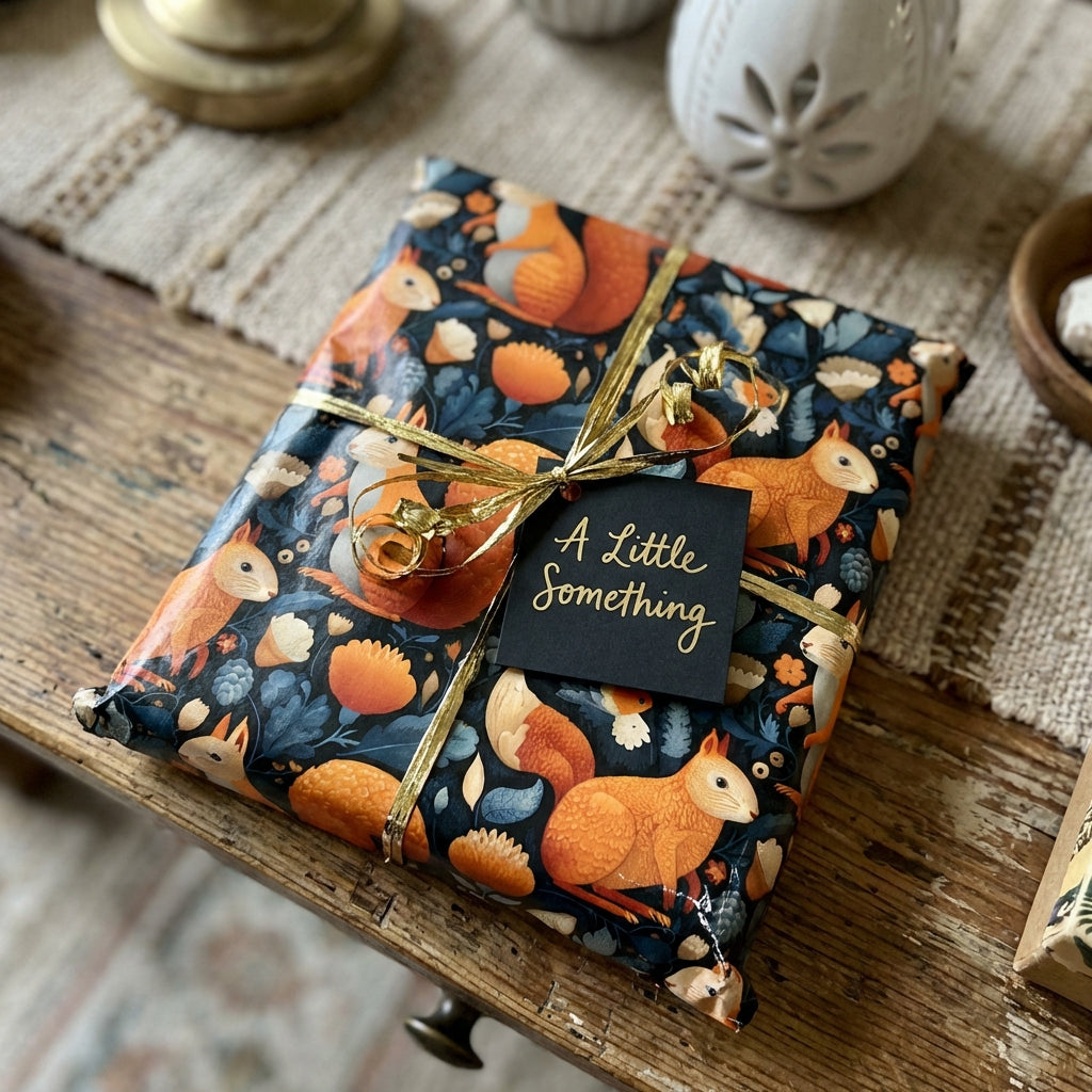 Gift wrapped in autumn-themed paper with gold ribbon and tag on a wooden surface. Autumn squirrel gift wrap on present.