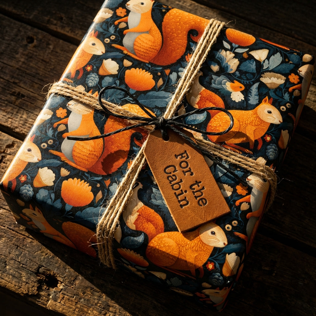 Rustic gift wrapped in woodland animal wrapping paper with twine and "For the Cabin" tag, perfect cabin themed gift.