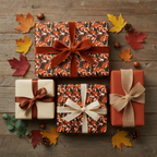Autumn-themed gifts wrapped in fall leaf paper with velvet and burlap ribbons on a rustic wood surface.