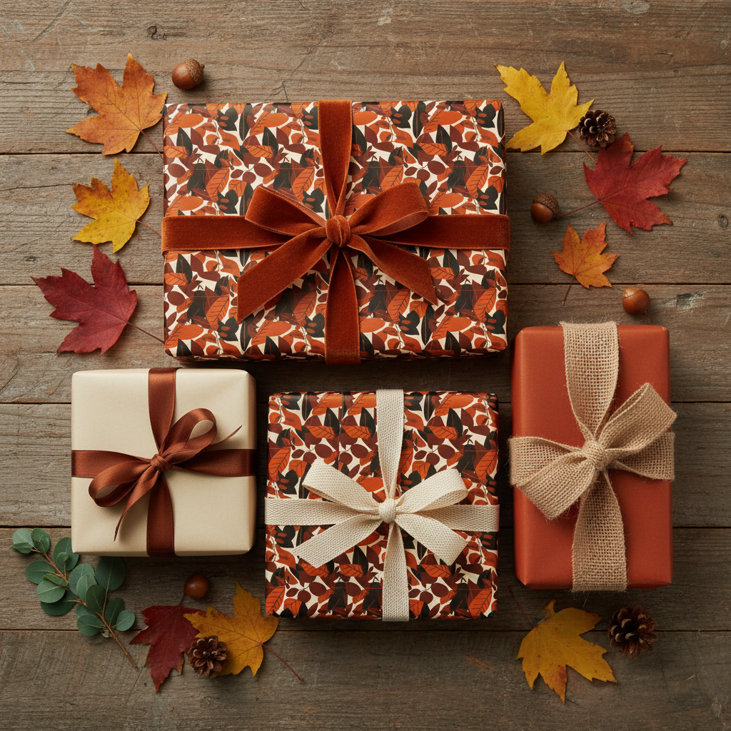 Autumn-themed gifts wrapped in fall leaf paper with velvet and burlap ribbons on a rustic wood surface.