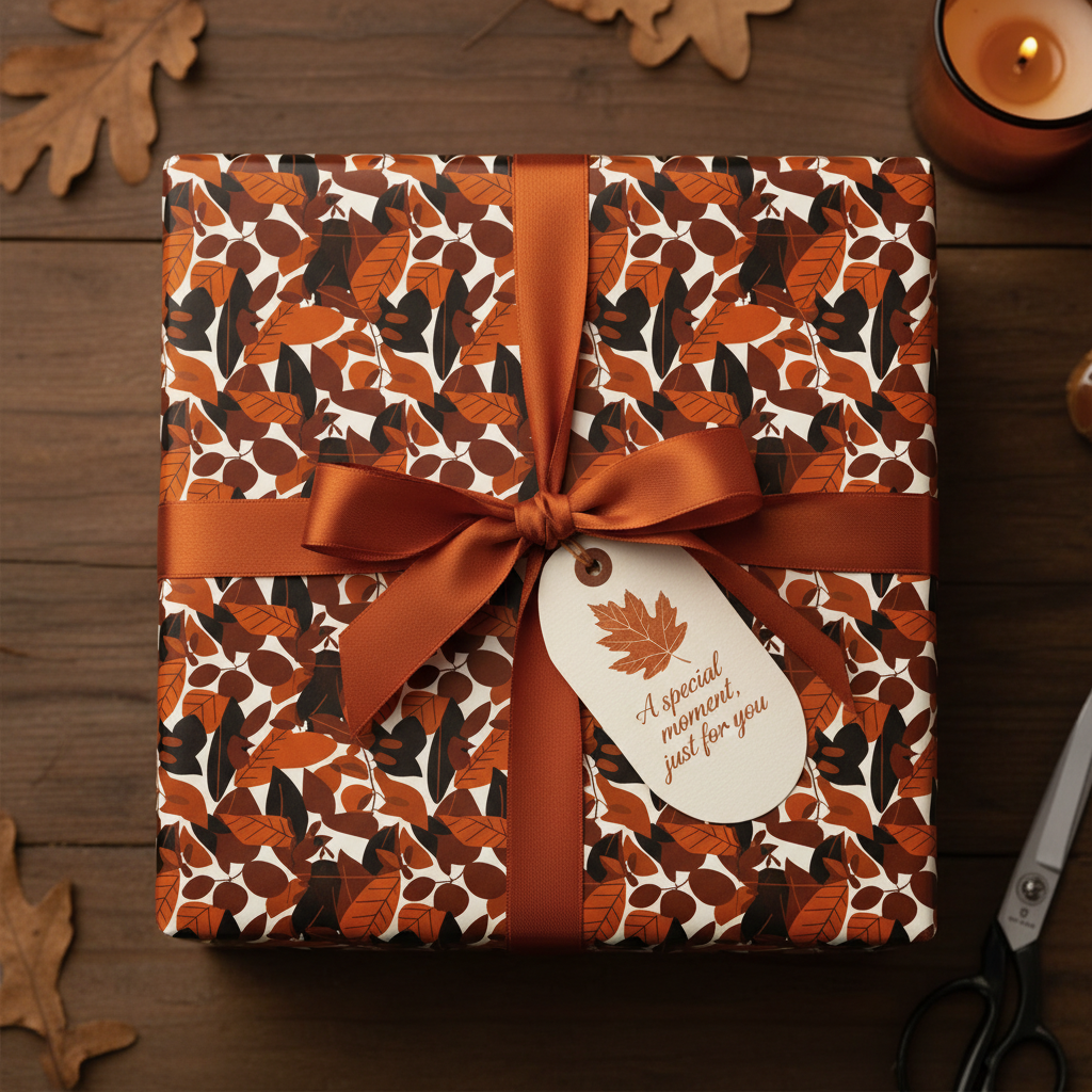 Fall-themed wrapping paper with orange ribbon and a leaf tag reading: "A special moment, just for you."
