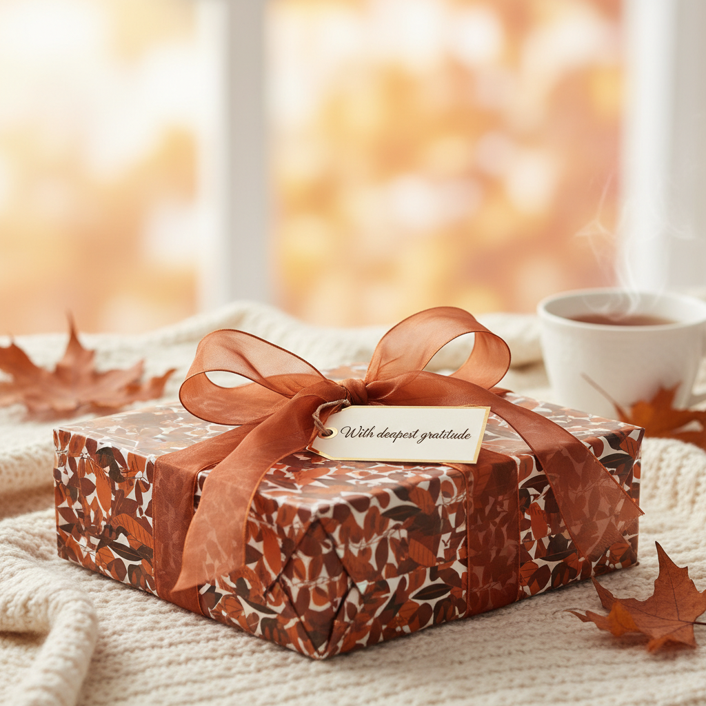 Autumn leaf gift wrap with sheer rust ribbon on square box, cozy fall scene.