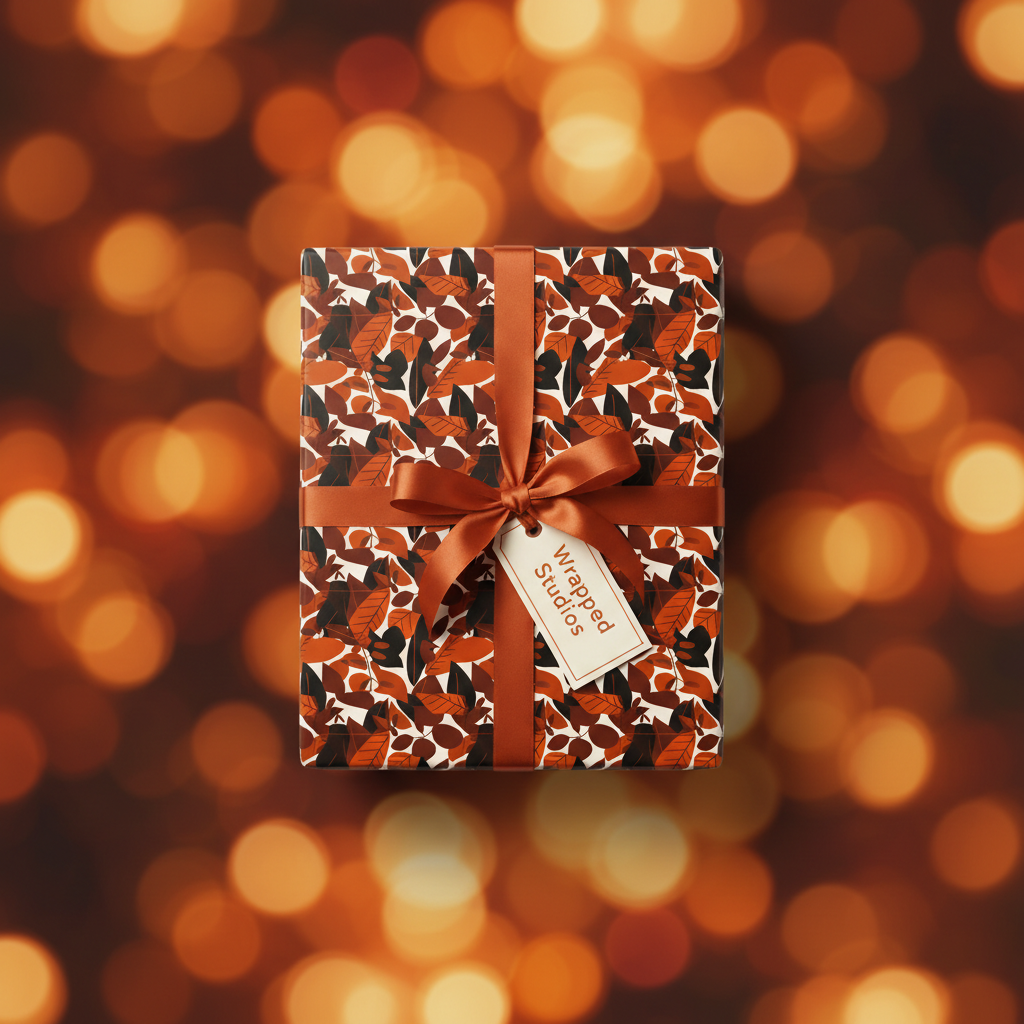 Gift wrapped in autumn leaf floral wrapping paper with copper satin ribbon and tag, festive bokeh background.