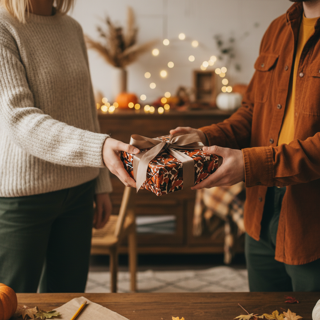 Exchanging a gift wrapped in autumnal leaf print wrapping paper with brown ribbon, perfect for Thanksgiving or fall birthdays.