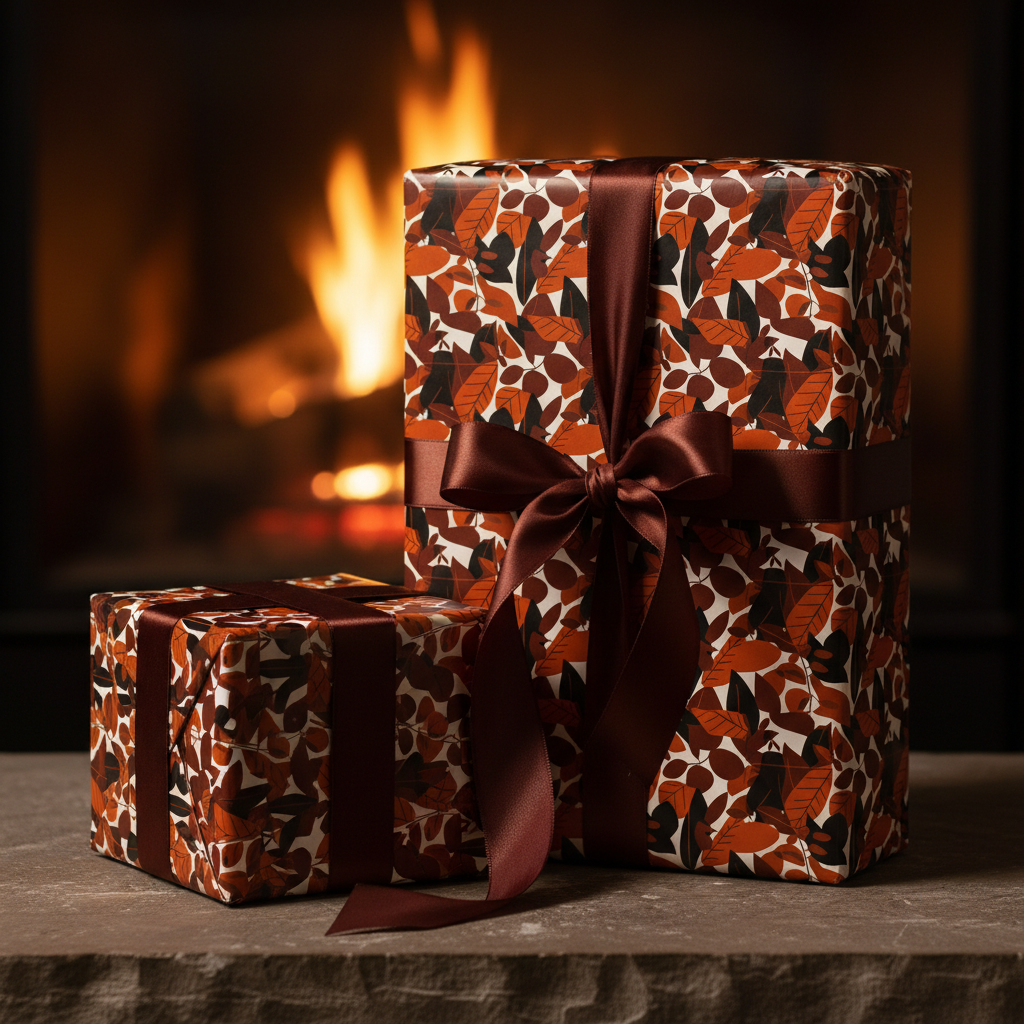 Cozy gifts wrapped in autumn leaf wrapping paper with brown ribbon, fireplace in background.