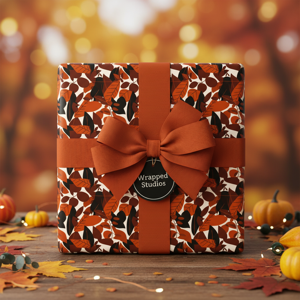 Square gift box in autumn leaf print wrapping paper with burnt orange ribbon and bow.