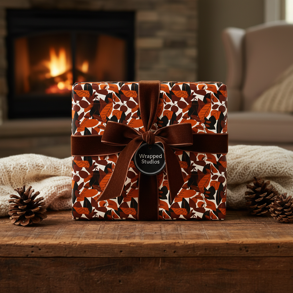 Fall-themed gift wrapped in floral wrapping paper with a brown velvet ribbon, pinecones, and a cozy fireplace background.