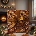 Elegant autumn gift wrap with leaf pattern, tied with a gold ribbon and an "Autumn Blessings" tag.