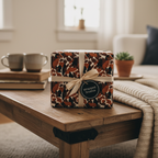 Gift box wrapped in autumnal leaf pattern paper with cream ribbon and "Wrapped Studios" tag, on wooden coffee table.