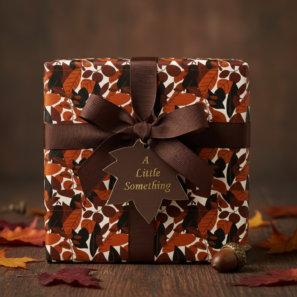 Square gift wrapped in modern floral gift wrap with brown ribbon and "A Little Something" tag.