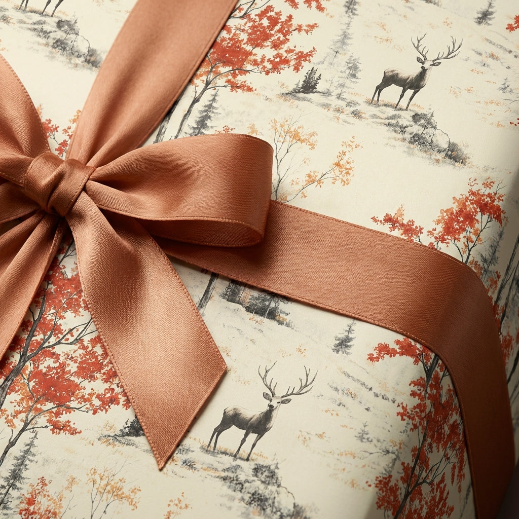 Gift box with deer and autumn tree pattern wrapping paper tied with a copper satin ribbon.