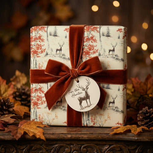Elegant gift wrapped in deer print wrapping paper with a velvet rust-colored ribbon and a gift tag.