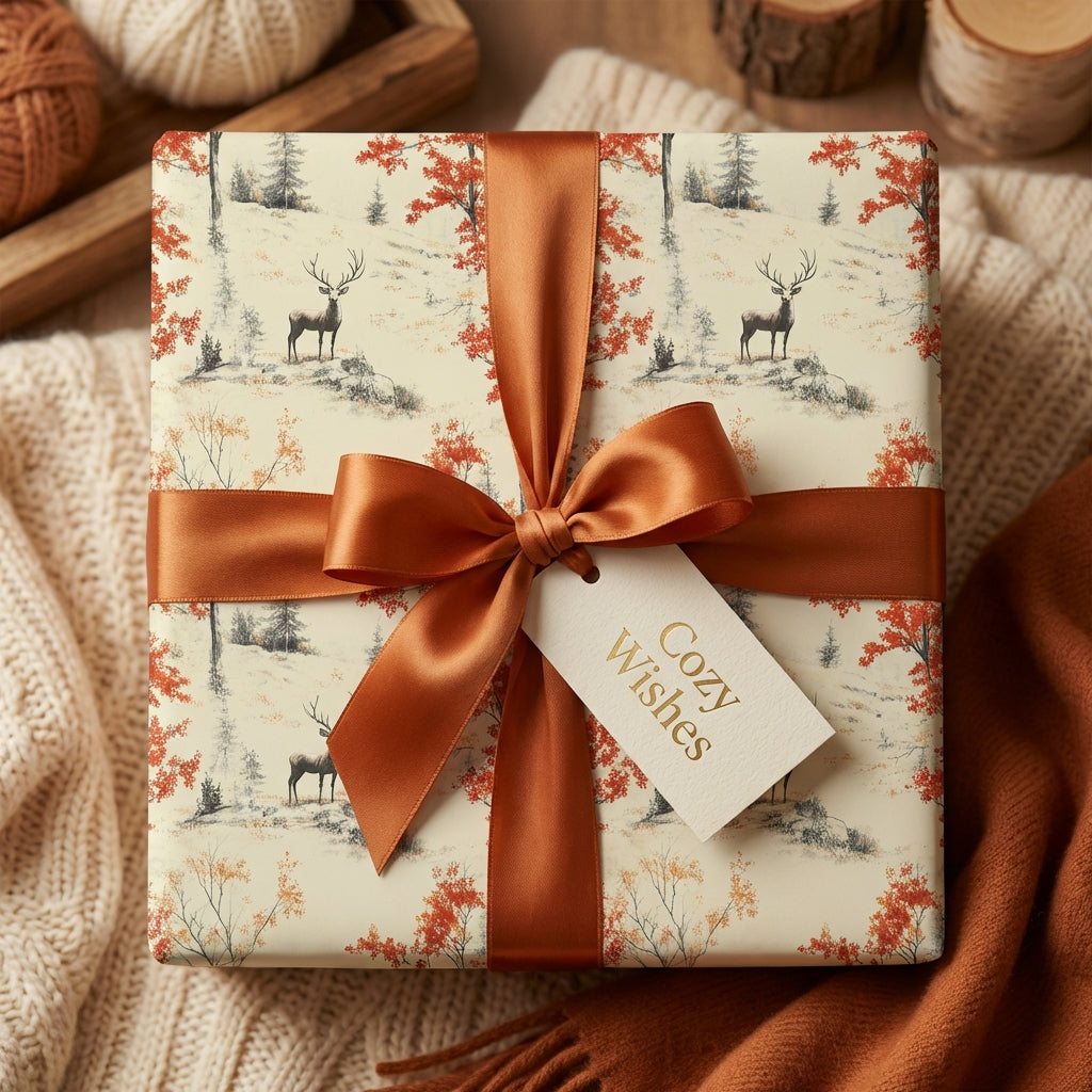 Elegant gift wrapped in deer-themed paper with a copper ribbon and "Cozy Wishes" tag.